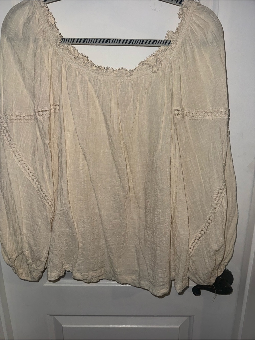Max Studio Cream Boho Peasant Blouse with Crochet Trim XL